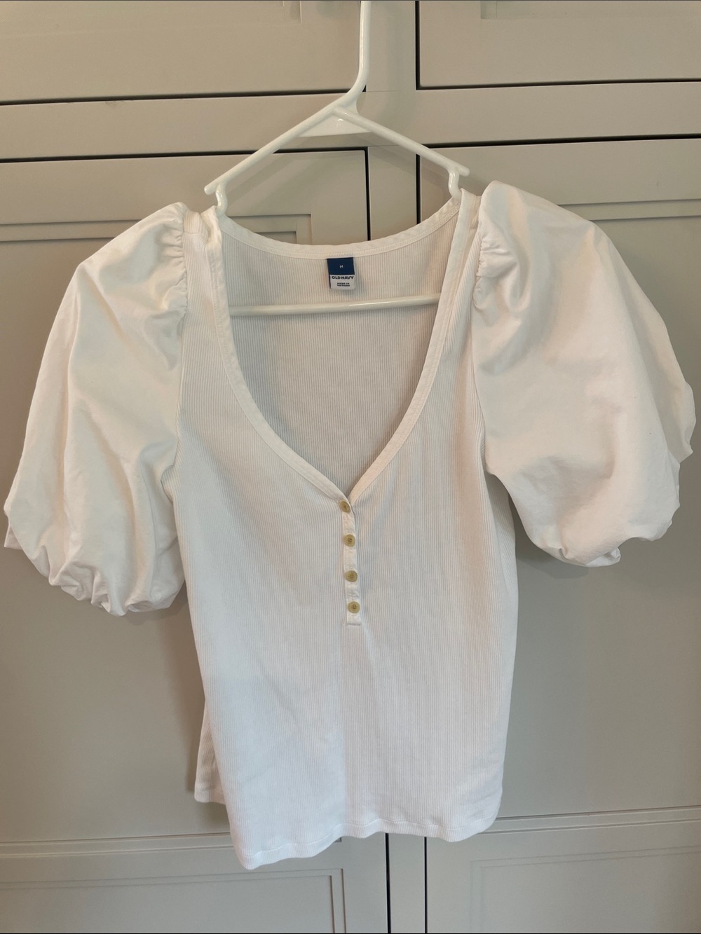 Old Navy White Puff Sleeve Henley Top